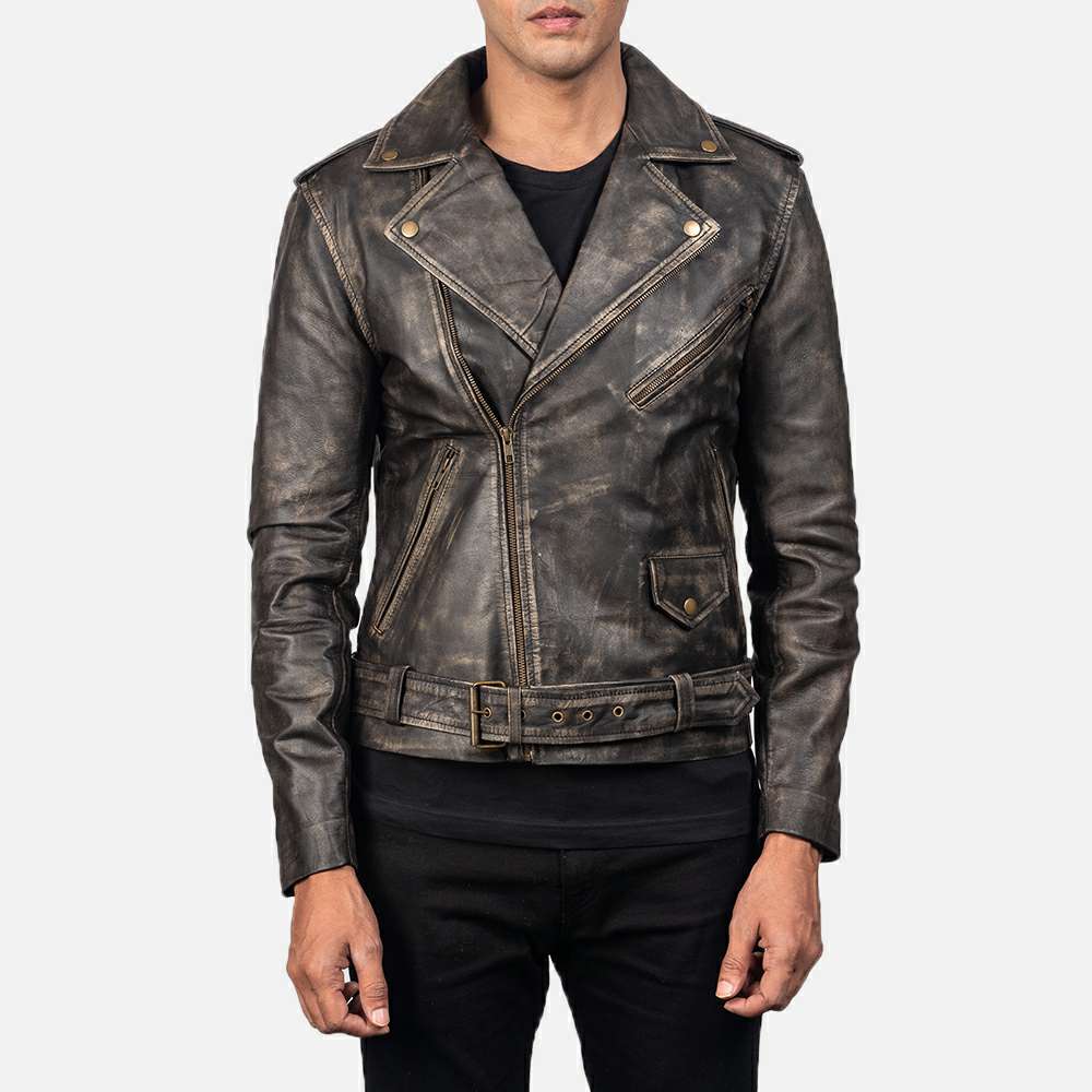 Distressed Black Leather Belted Motorcycle Jacket